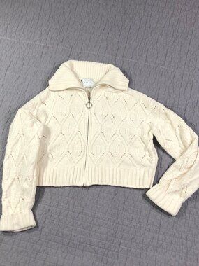 Pink Rose Sweater Women Small Off White Fisherman Cable Cardigan Crop Zipper
